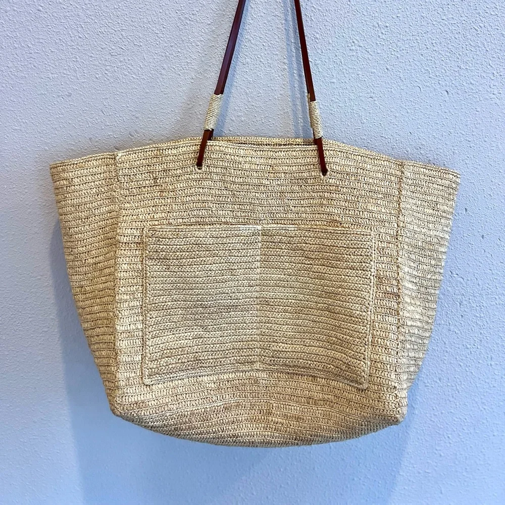 Sezane Paloma Bag Natural Crochet Straw Tote with Brown Leather Handles